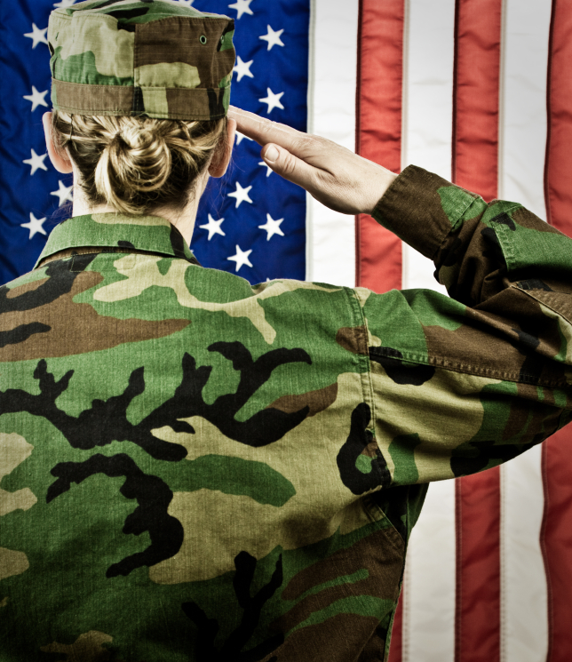 Female Soldier in Camo Saluting American Flag