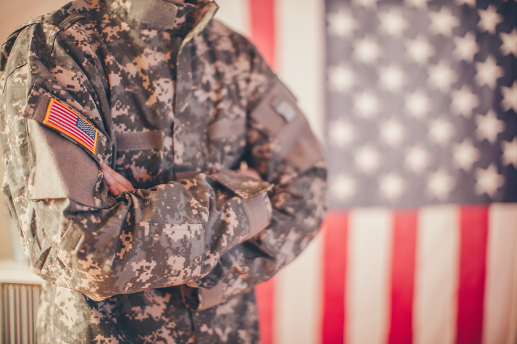 Soldier posing with American Flag Background