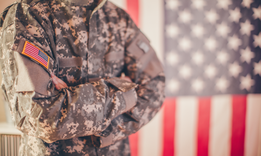 Soldier posing with American Flag Background
