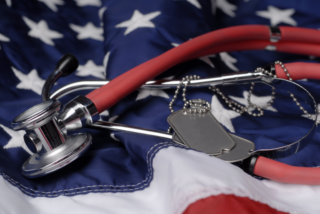 Medic Stethoscope and Dog Tags on American Flag