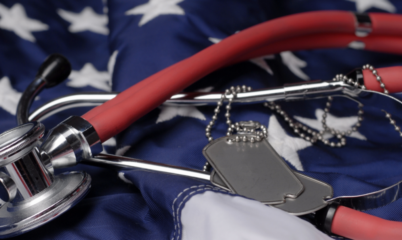 Medic Stethoscope and Dog Tags on American Flag