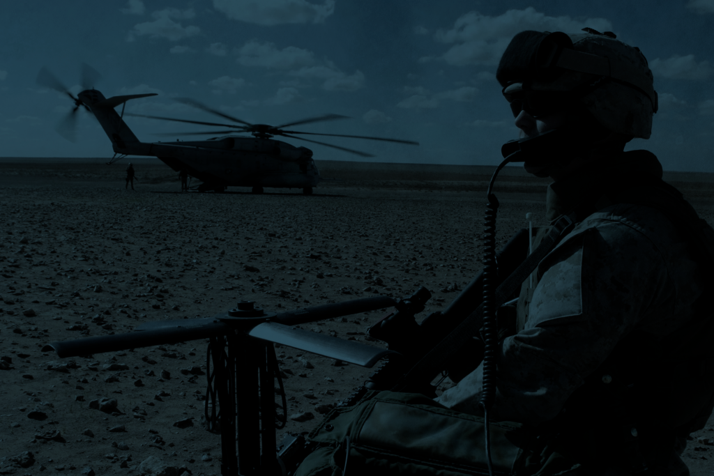 Soldier guarding helicopter background