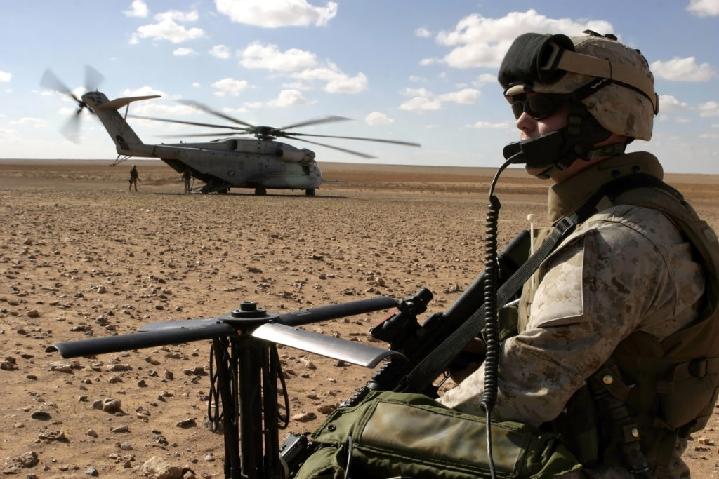 US Military Helicopters with Soldier on Patrol