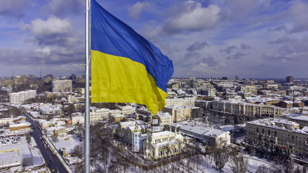 Ukraine Flag Flying Over City