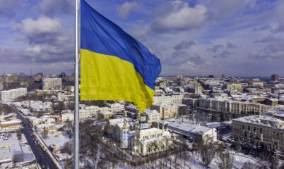 Ukraine Flag Flying Over City