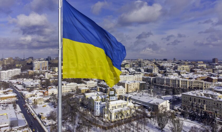 Ukraine Flag Flying Over City