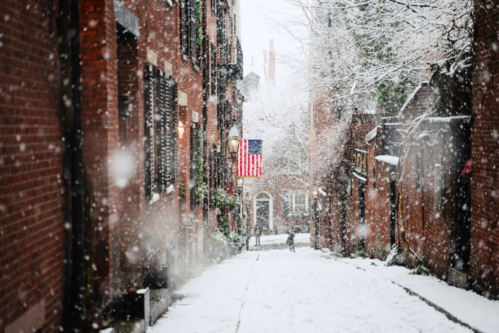 Snowy Street with American Flag