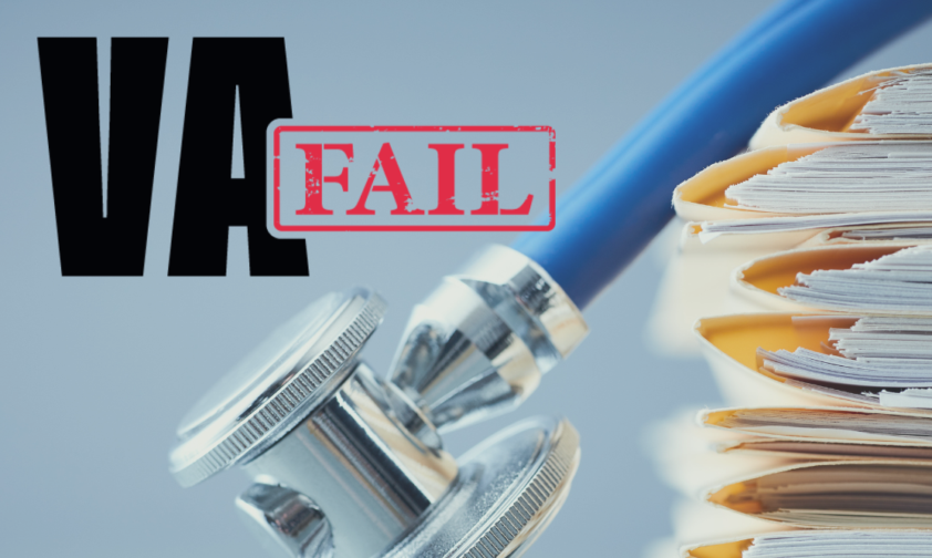 Stethoscope and Medical Files Close up with VA Fail Text