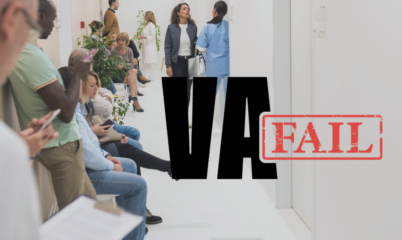 Long Line of Veterans Waiting in line at the VA with the text VA Fail on it